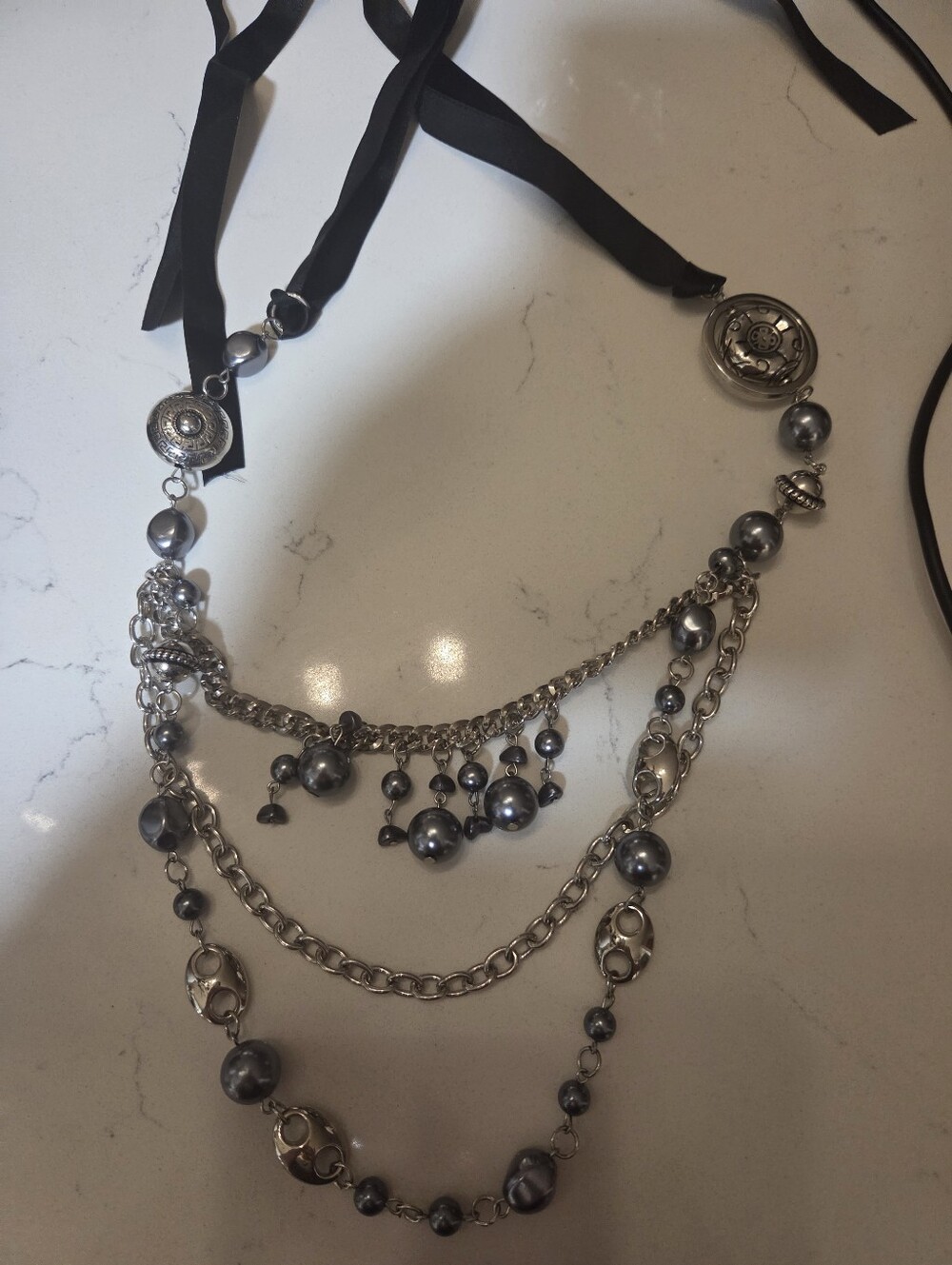 Silver Multi-Chain Statement Necklace with Grey Beads